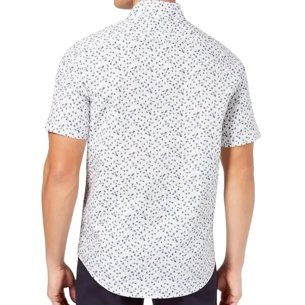 Tasso Elba Mens Shirt L White Blue Micro Paisley Short Sleeve Button Up Cotton